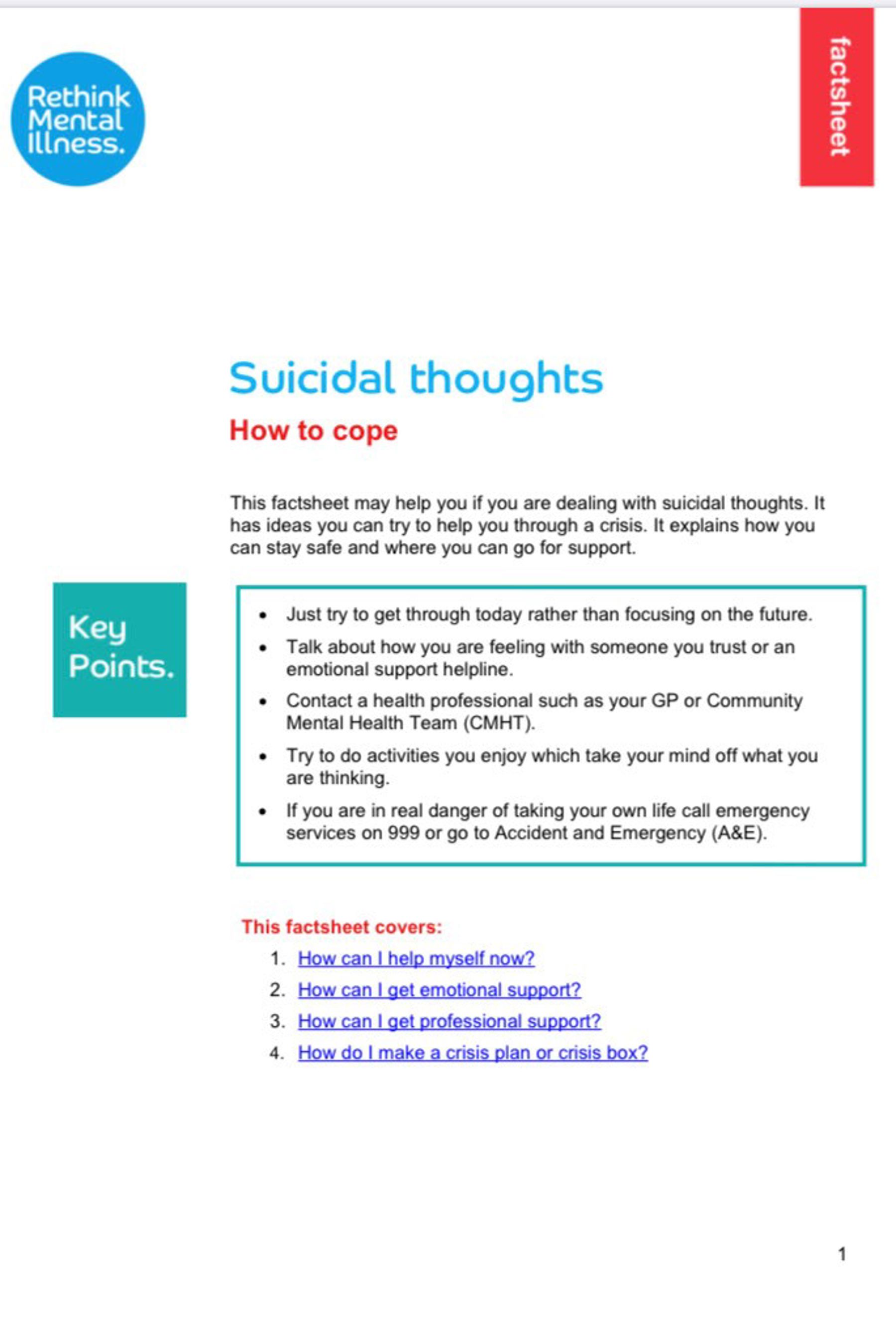 How to Cope with Suicidal Thoughts Factsheet