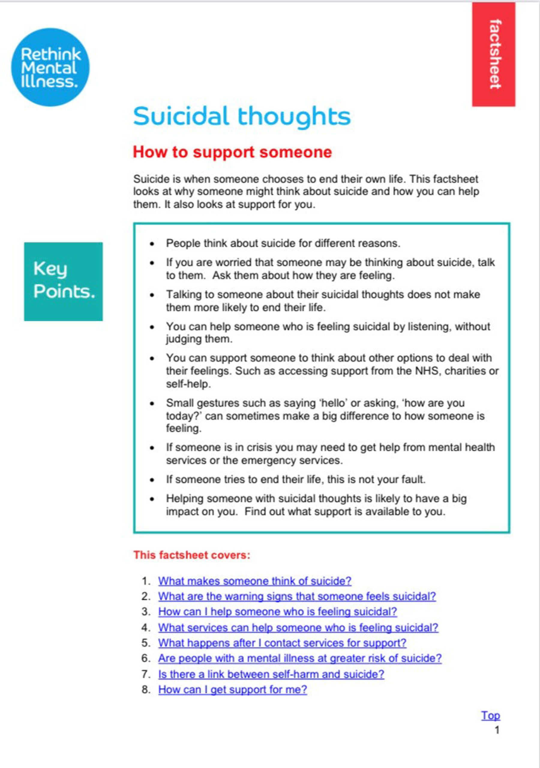 Suicidal Thoughts - How to Support Someone Factsheet