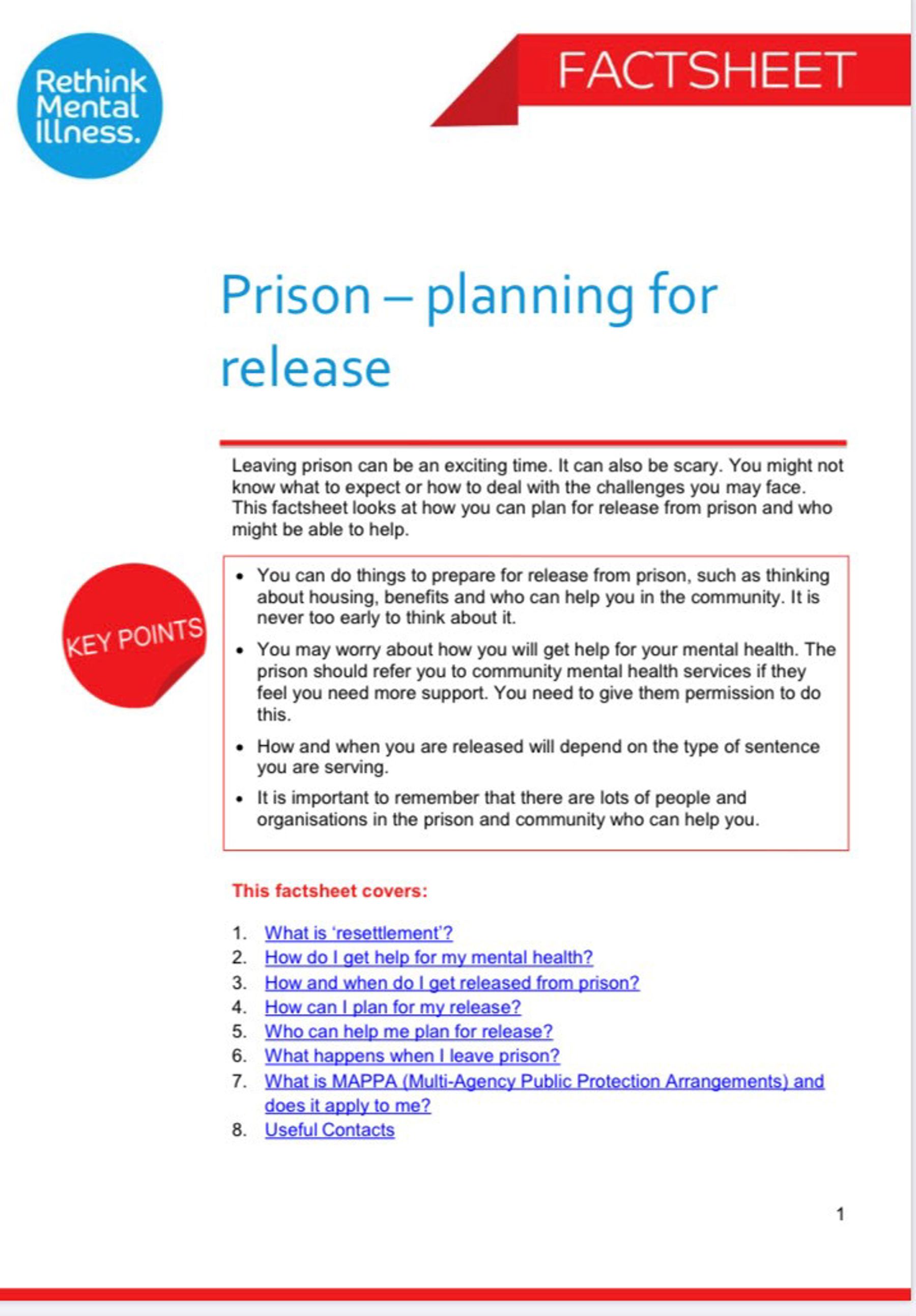 Prisons - Planning For Release Fact Sheet